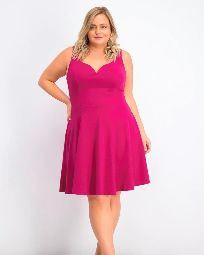 Front of a model wearing a size 20W B Darlin Women's Trendy Plus Size Scuba Fit & Flare Dress Dark Purple Size 20 in Purple by B Darlin. | dia_product_style_image_id:313257